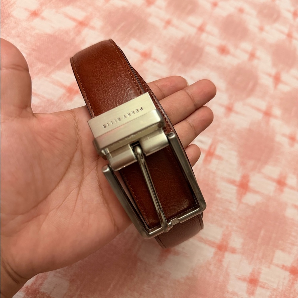 Perry Ellis Cognac Leather Belt with Silver Buckle